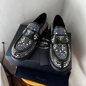 BNIB PRADA Mens Leather Black Studs Swarovski Embellished Loafer Shoes Uk10 US11